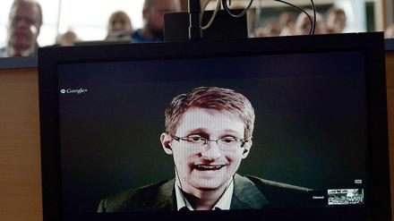 So ähnlich stellen sich die Regierungsparteien die Befragung von Edward Snowden im NSA-Untersuchungsausschuss vor. Hier ist Snowden bei einem Gespräch mit dem Europarat in Straßburg vor wenigen Tagen zu sehen. Union und SPD verhinderten eine Befragung von Snowden in Deutschland.