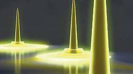 Quantentröpfchen. Das Bild zeigt, wie sich Elektronen in einem Dropleton arrangieren: Je höher die Welle, umso wahrscheinlicher ist es, dort ein Elektron zu finden. 