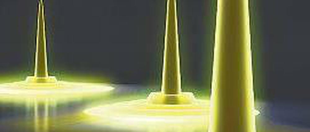 Quantentröpfchen. Das Bild zeigt, wie sich Elektronen in einem Dropleton arrangieren: Je höher die Welle, umso wahrscheinlicher ist es, dort ein Elektron zu finden. 