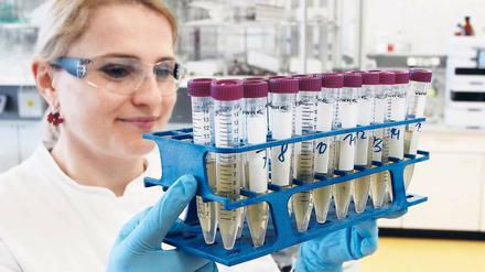 Eine Labormitabeiterin trägt ein Gestell mit Reagenzgläsern durch den Raum.