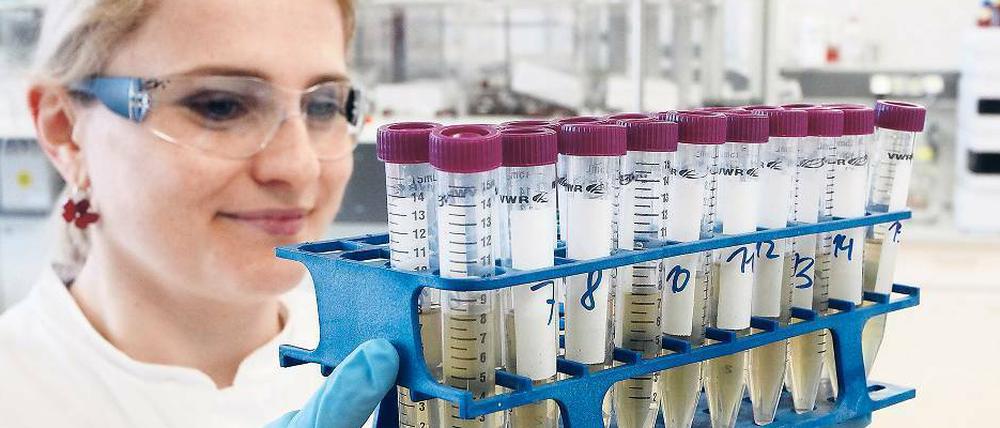 Eine Labormitabeiterin trägt ein Gestell mit Reagenzgläsern durch den Raum.