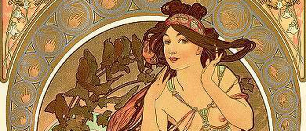 Haare, mit Pasta frisiert. Alfons Mucha, Allegorie der Musik, 1898.