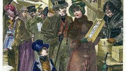 Weihnachtsmarkt der Biedermeierzeit. Ein Holzstich von 1889, nach einer Zeichnung von Heinrich Lefler (1863-1919). Das alte Kalenderblatt findet sich in dem Buch "Weihnachten in Berlin" von Traudl Kupfer. 