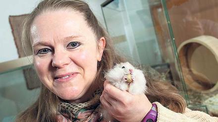 ZIEMLICH PUTZIG. Erdnüsse sind ein Lieblingssnack von Hamsterweibchen Silva. Sie ist handzahm und lässt sich von Züchterin Birgit Walters ausgiebig streicheln.