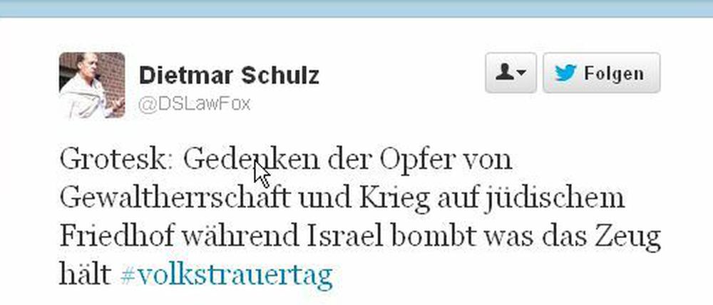 Der Pirat und Landtagsabgeordnete Dietmar Schulz problematisierte die Gleichzeitigkeit von Volkstrauertag und israelischer Offensive in Gaza.