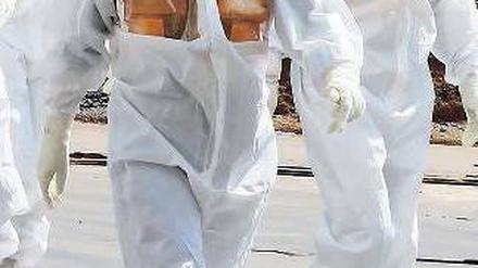 Chefinspektion. Japans Premier Abe (Mitte) beim Besuch in Fukushima. Foto: dpa