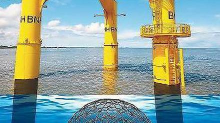 Offshore-Fisch. Das Konzept der Aquakultur unter Windkraftanlagen. 