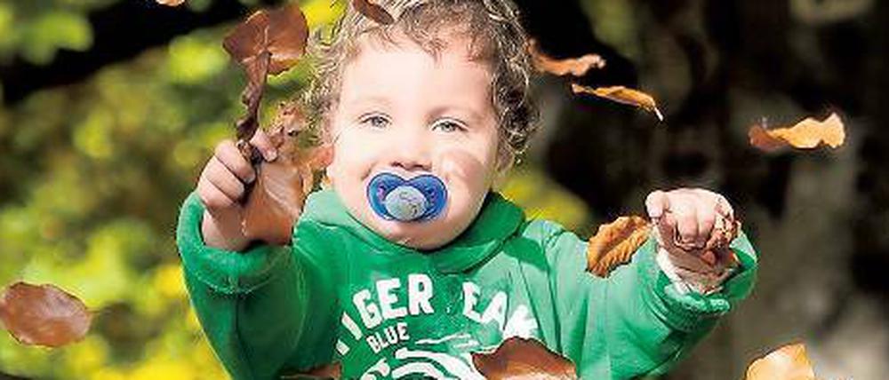 Blatt für Blatt. Das schöne Oktoberwetter verlockt auch Schnullerträger zum Spielen im Laub – wie hier im Tiergarten.