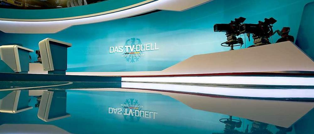In diesem Studio werden die Kontrahenten Angela Merkel und Peer Steinbrück am Sonntagabend aufeinander treffen.