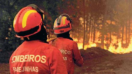 Kampf gegen die Flammen. Portugiesische Feuerwehrleute in Satao. Foto: dpa