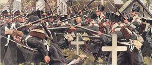 Häuserkampf. „Schlacht bei Großbeeren am 23. August 1813. (Das Kolberger Regiment erstürmt den Kirchhof.)“ – Farbdruck nach Carl Roechling, um 1900. 
