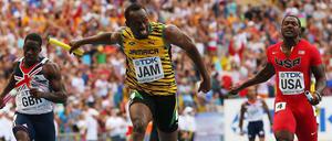 Wieder mal vorne. Usain Bolt beim Zieleinlauf des letzten Staffelwettbewerbs. 