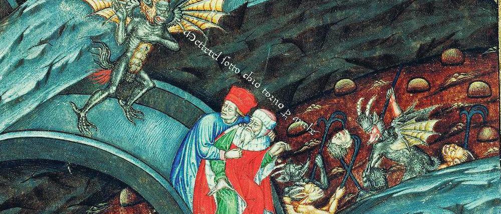 Letzte Reise. Die lombardische Buchmalerei von 1440 zeigt „Komödien“-Dichter Dante und Vergil in der Unterwelt.Foto: akg-images/E. Lessing