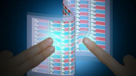 Die interaktive "E-Skin"-Matrix in Funktion (künstlerische Illustration). Wo die Oberfläche berührt wird, leuchten die OLEDs auf – je höher der Druck, desto heller das Leuchten.