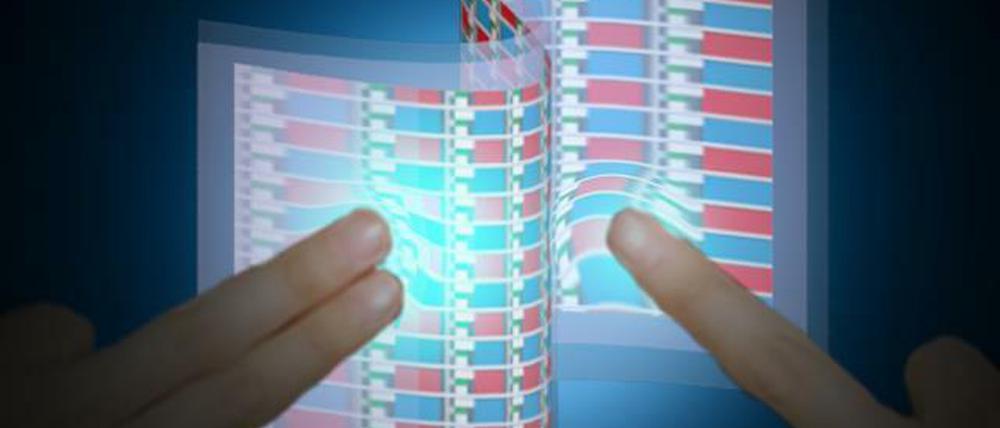 Die interaktive "E-Skin"-Matrix in Funktion (künstlerische Illustration). Wo die Oberfläche berührt wird, leuchten die OLEDs auf – je höher der Druck, desto heller das Leuchten.