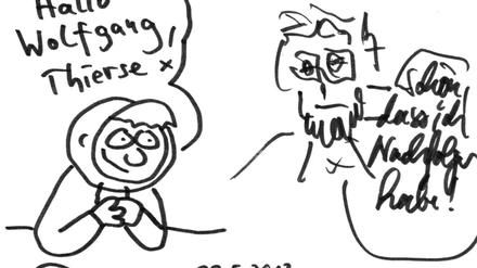 Comic-Begegnung: Alexander Fromms gezeichnetes Alter Ego trifft auf das von Wolfgang Thierse.