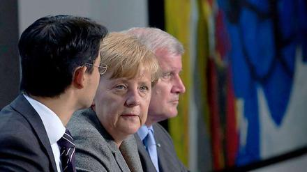 FDP-Chef Philipp Rösler, CDU-Chefin Angela Merkel und CSU-Chef Horst Seehofer kamen in Berlin zu einem Krisentreffen im Bundeskanzleramt zusammen (Archivbild).