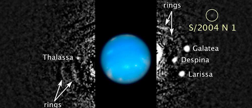 Das zusammengesetzte Bild zeigt die Lage des neu entdeckten Mondes S/2004 N 1, der Neptun umkreist. Die Schwarzweiß-Aufnahme wurde 2009 mit dem Weltraumteleskop "Hubble" gemacht. Das Farbfoto des Planeten wurde ebenfalls 2009 von Hubble aufgenommen.