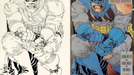 Original und Verarbeitung: Links Frank Millers Zeichnung, die jetzt zum Verkauf steht, rechts das kolorierte Cover.