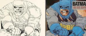 Original und Verarbeitung: Links Frank Millers Zeichnung, die jetzt zum Verkauf steht, rechts das kolorierte Cover.