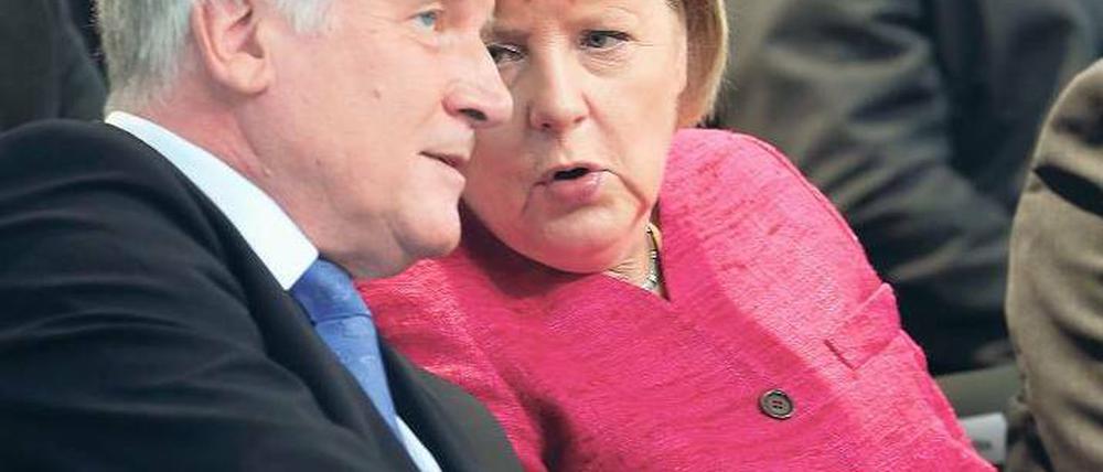 Im beiderseitigen Interesse. Bayerns Regierungschef Horst Seehofer will bei den Landtagswahlen im September vom Glanz der Bundeskanzlerin profitieren. CSU-Sticheleien gegen Angela Merkel dürften vor der Landtagwahl ausbleiben. Foto: Wolfgang Kumm/dpa