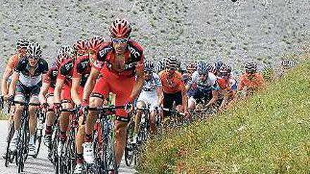 Das Peloton fährt einen Berg hinauf.