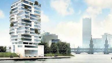 Das umstrittene Hochhaus "Living Levels" an der East Side Gallery. 