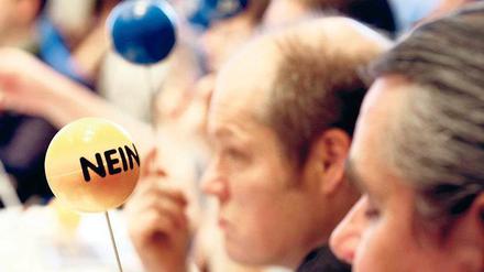Zum Kugeln. Mit bunten Bällen konnten die Piraten-Parlamentarier in der Fraktion abstimmen. Foto: Wolfgang Kumm/dpa