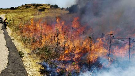 Soldat im Hintergrund mit Flammenwerfer, im Vordergrund brennende Gräser und Büsche