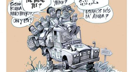 "Sind wir schon da?" in der Afrikanischen Union als Einheit? Diese Karikatur hat das südafrikanische Zeichnerteam Dr. Jack &amp; Curtis zum 50. Jubiläum der Afrikanischen Union gezeichnet. 