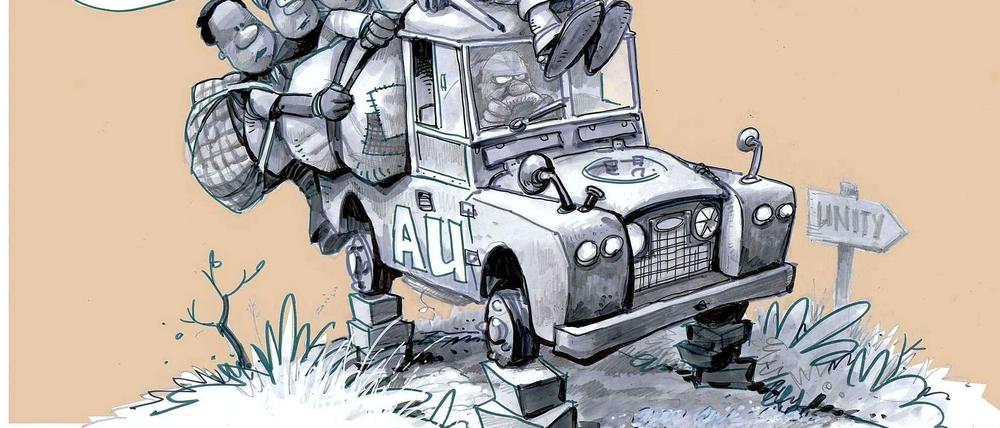 "Sind wir schon da?" in der Afrikanischen Union als Einheit? Diese Karikatur hat das südafrikanische Zeichnerteam Dr. Jack &amp; Curtis zum 50. Jubiläum der Afrikanischen Union gezeichnet. 
