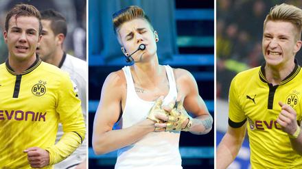 Bayerische Neuverpflichtungen: Mario Götze (links) kommt sicher, Justin Bieber (Mitte) und Marco Reus zieren sich. Noch.