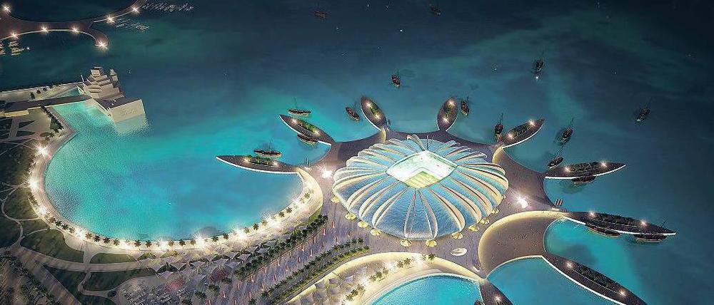 Schöne neue Fußballwelt. Das Doha Port Stadium ist eines von zwölf geplanten WM-Stadien. Entworfen wurde es vom deutschen Architekten Albert Speer. Es wird auf einer künstlichen Halbinsel errichtet, das Meerwasser soll zur Kühlung beitragen. Nach der WM wird das Stadion wieder abgebaut. Foto: dpa