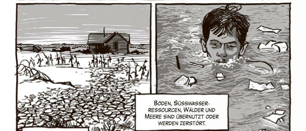 Dürre und Überschwemmung: Das Buch arbeitet mit mahnenden Gegenüberstellungen. 