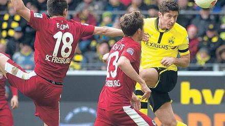 Toresblick. Borussia Dortmunds Stürmer Robert Lewandowski verfolgt den Weg seines Kopfballs – ins Tor. Der polnische Nationalspieler erzielte gegen Freiburg seine Saisontreffer Nummer 18 und 19.Foto: AFP