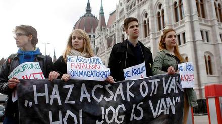 Demonstranten protestieren vor dem Parlament in Budapest gegen die Verfassungsänderung.