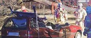 Wie ein Wunder. Nur leicht verletzt wurden zwei Frauen, auf deren Auto dieser Baum stürzte. Die 49-jährige Fahrerin, die nicht namentlich genannt werden will, muss den Schaden wohl selbst tragen. Foto: dpa