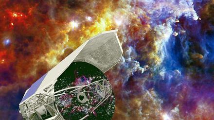 Blick in die Kinderstube von Sternen. In dieser künstlerischen Darstellung wurde "Herschel" vor den Rosettennnebel gesetzt. Dort ist so viel Gas und Staub vorhanden, dass rund 10.000 sonnenähnliche Sterne daraus entstehen können.