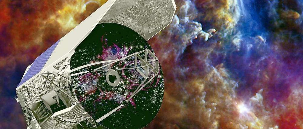 Blick in die Kinderstube von Sternen. In dieser künstlerischen Darstellung wurde "Herschel" vor den Rosettennnebel gesetzt. Dort ist so viel Gas und Staub vorhanden, dass rund 10.000 sonnenähnliche Sterne daraus entstehen können.