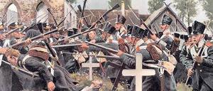 Mit gefälltem Bajonett. Das Scharmützel vor dem Berliner Königstor war ein Vorgeplänkel zu den großen Schlachten der Befreiungskriege wie die am 23. August 1813 bei Großbeeren (hier auf einem um 1900 entstandenen Farbdruck t von Carl Roechling).