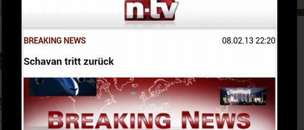 Diese Breaking News des Nachrichtensender n-tv wurde sogleich auf Twitter verbreitet.