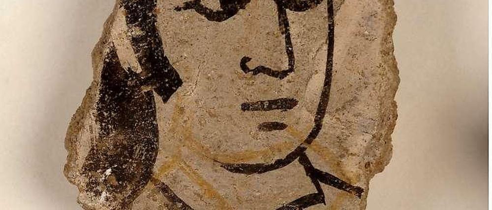 Malereifragment aus dem Kalifenpalast von Samarra aus dem 9. Jahrhundert. Frescomalerein auf Stuck waren vermutlich weit verbreitet in Samarra, es sind aber nur Bruchstücke erhalten geblieben.