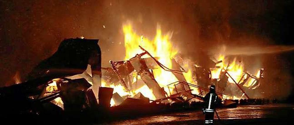 Ein Feuerwehrmann vor der in Flammen stehenden Kamelfarm: In der Nacht zum Donnerstag kamen hier 85 Tiere ums Leben gekommen. 