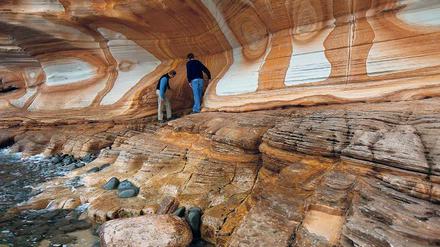 Painted Cliffs. Die „bemalten Felsen“ gehören zur bizarren Küstenlandschaft auf Maria Island. Wer die Insel entdecken will, geht zu Fuß oder nimmt das Rad. 