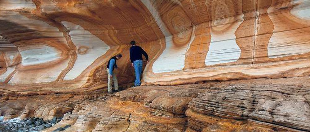 Painted Cliffs. Die „bemalten Felsen“ gehören zur bizarren Küstenlandschaft auf Maria Island. Wer die Insel entdecken will, geht zu Fuß oder nimmt das Rad.