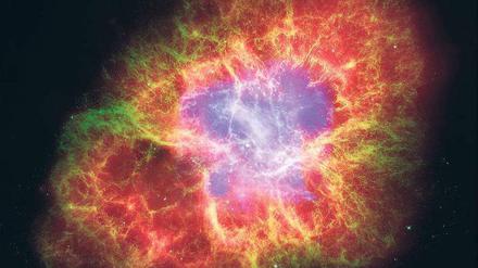 Gammaschleuder. Bei einer Sternenexplosion werden unter anderem Gammastrahlen ins Universum abgestrahlt. Die Abbildung zeigt den Krebsnebel, den Rest einer Supernova im Sternbild Stier.