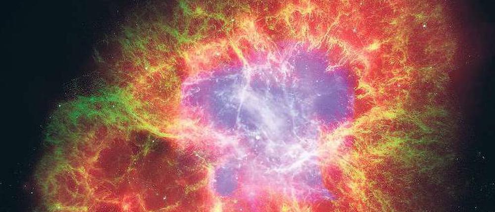 Gammaschleuder. Bei einer Sternenexplosion werden unter anderem Gammastrahlen ins Universum abgestrahlt. Die Abbildung zeigt den Krebsnebel, den Rest einer Supernova im Sternbild Stier. 