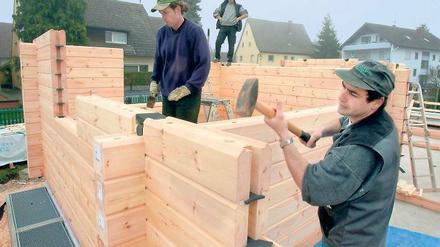 Latte für Latte statt Stein auf Stein: Bauarbeiter ziehen mit Balken aus arktischem Fichtenholz ein Holzhaus hoch.