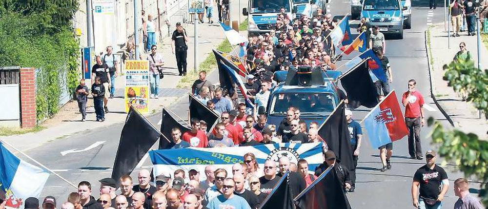 Auf der Straße: NPD-Anhänger demonstrieren 2010 in Anklam. Foto: imago