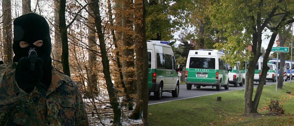 Links: Mithilfe dieser nachgespielten Szene bat die Polizei im Fall Pepper in der Fernsehsendung "Aktenzeichen XY" um Hinweise. Rechts: Ein riesiges Aufgebot der Polizei suchte am Montagmittag in Hubertushöhe nach dem Tatverdächtigen. Auch ein Brachgelände wurde begangen, es ist aber nicht klar, ob der Täter sein Opfer auch dorthin verbracht hat.